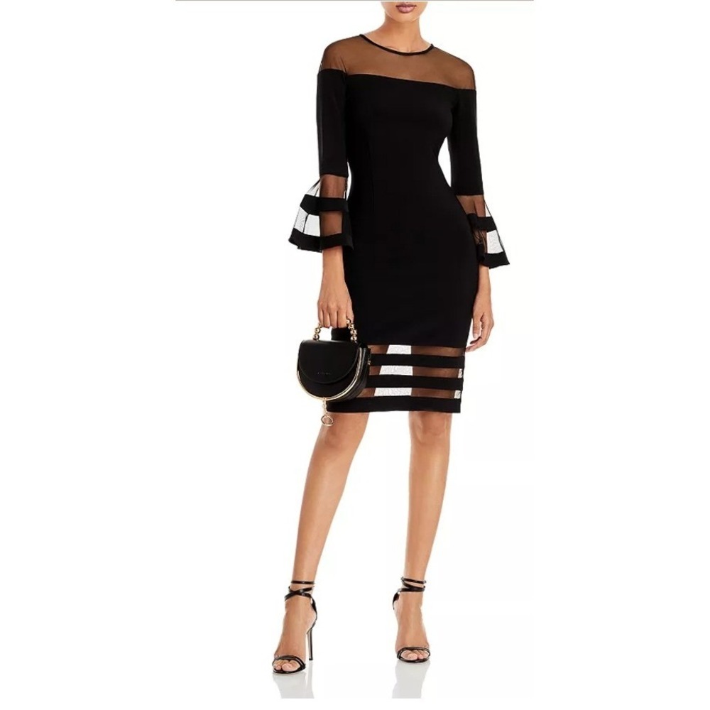 Aqua | NWT Black Illusion Mesh Bell Sleeve Cocktail Dress Sheer Stripe | Size 0